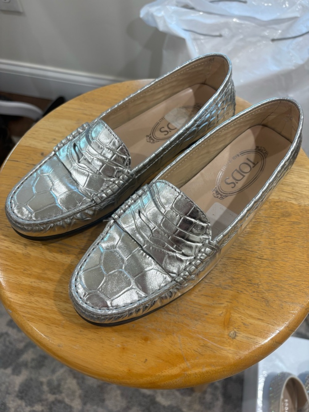 TOD'S Silver Croc-Embossed Penny Loafers